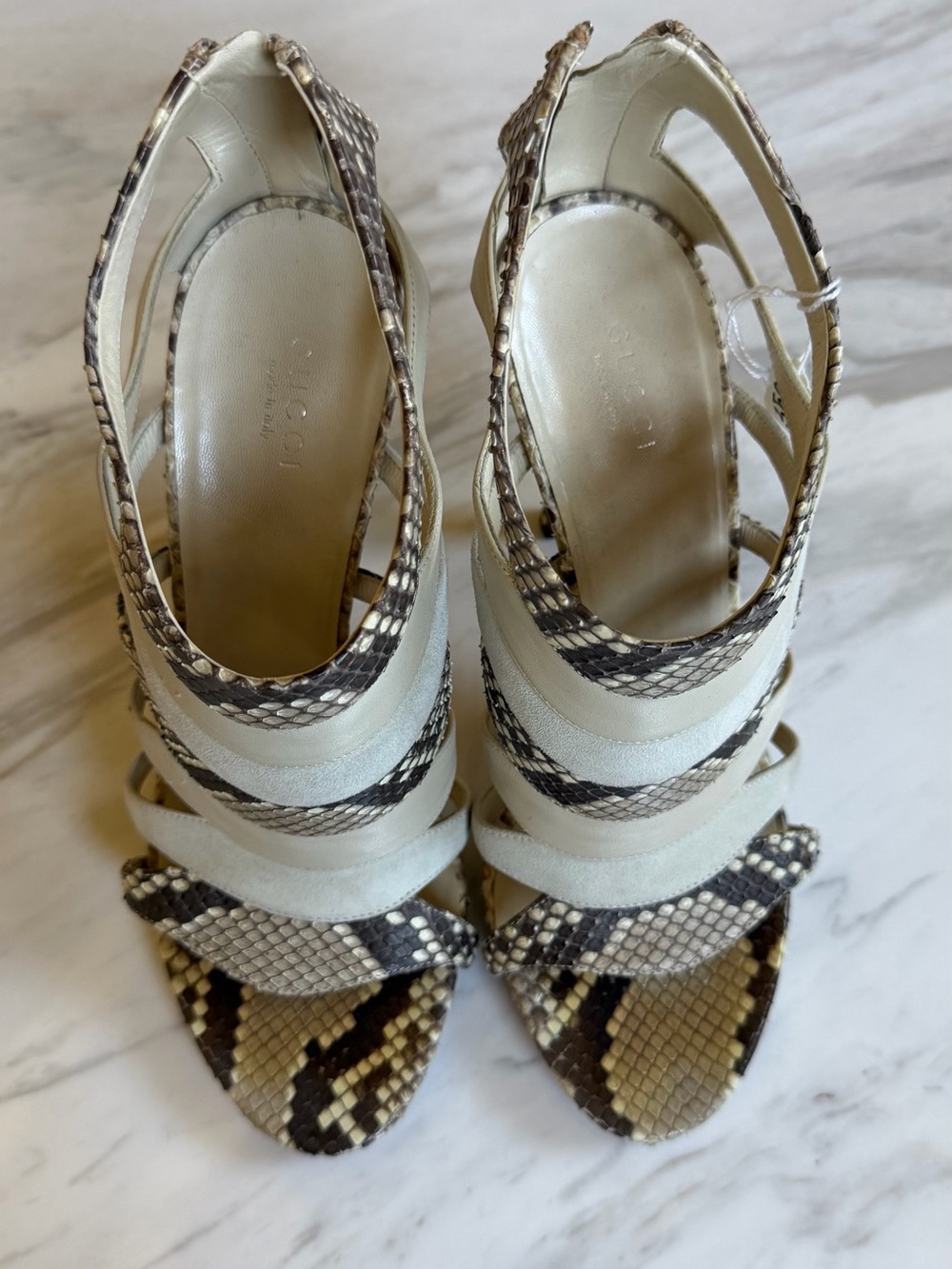 Gucci Cream and Snake-Print Strappy Sandals